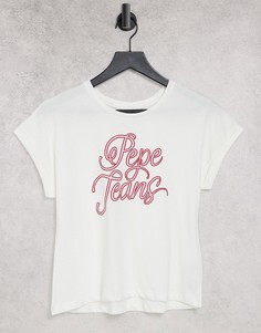 Белая футболка с большим логотипом спереди Pepe Jeans Alberta-Темно-синий