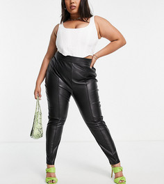 Черные брюки из искусственной кожи с защипами ASOS DESIGN Curve-Черный цвет