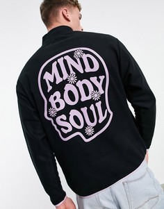 Флисовый oversized-свитшот черного цвета на короткой молнии с принтами ASOS DESIGN-Черный цвет