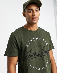 Темно-зеленая футболка с логотипом и круглым вырезом Jack & Jones-Зеленый цвет