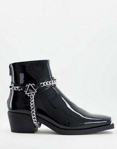 Лакированные черные ботинки челси в стиле вестерн из искусственной кожи на кубинском каблуке с металлической фурнитурой ASOS DESIGN-Черный цвет