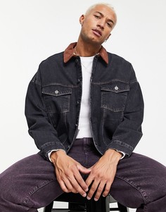 Выбеленная черная джинсовая куртка в стиле oversized с воротником из искусственного меха ASOS DESIGN-Черный цвет