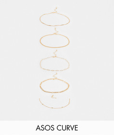 Набор из 5 золотистых браслетов на щиколотку с разным дизайном ASOS DESIGN Curve-Золотистый