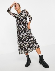 Черное чайное платье миди с цветочным принтом Vila-Черный цвет