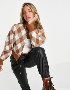Укороченный кардиган в жаккардовую клетку (от комплекта) Fashion Union-Коричневый цвет