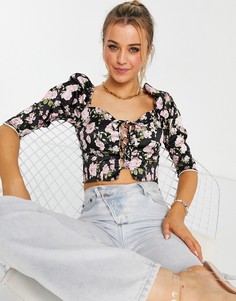 Корсетный топ с завязками спереди и цветочным принтом Miss Selfridge-Черный цвет