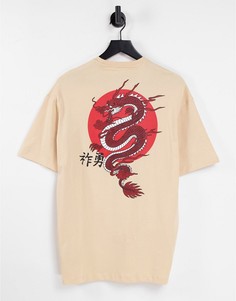Бежевая футболка в стиле oversized с принтом дракона на спинке Selected Homme-Светло-бежевый цвет