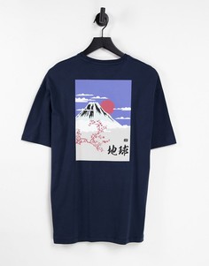 Темно-синяя футболка в стиле oversized с принтом горы на спинке Selected Homme-Темно-синий