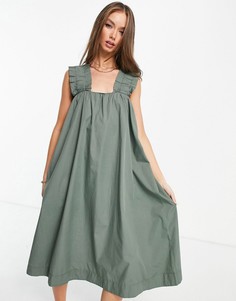 Платье миди цвета хаки из органического хлопка со сборками на бретельках Vero Moda-Зеленый цвет