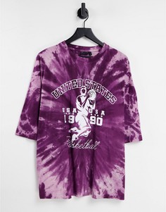 Oversized-футболка со спиральным эффектом тай-дай и спортивным ретро-принтом ASOS DESIGN-Фиолетовый цвет