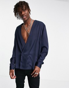 Темно-синяя атласная рубашка с двубортным фасоном спереди ASOS DESIGN-Темно-синий