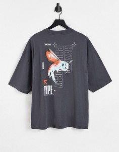 Угольная oversized-футболка из смесового органического хлопка с принтом птицы на спине ASOS DESIGN-Серый
