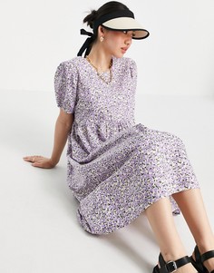 Сиреневое платье миди из органического хлопка с присборенной юбкой, пышными рукавами и мелким цветочным принтом Vero Moda-Многоцветный