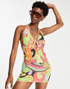 Платье мини в стиле ретро с цветочным принтом, бретелькой через шею и вырезом Jaded London-Разноцветный