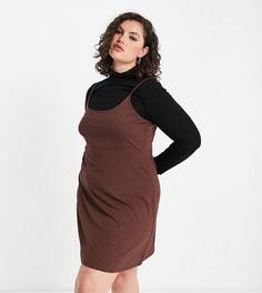 Платье-комбинация мини «2 в 1» с длинными рукавами и отворачивающимся воротником в черном и коричневом цвете ASOS DESIGN Curve-Коричневый цвет