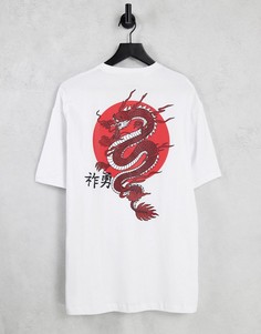Белая футболка в стиле oversized с принтом дракона на спинке Selected Homme-Белый