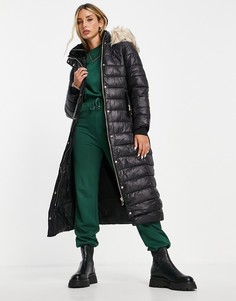 Удлиненный пуховик черного цвета с искусственным мехом на капюшоне River Island-Черный цвет