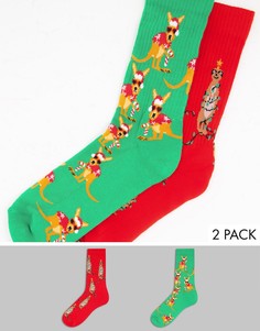Набор из 2 пар спортивных носков с новогодним принтом кенгуру и сурикатов ASOS DESIGN-Разноцветный