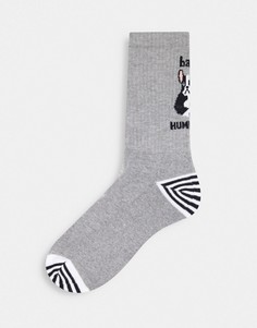 Спортивные носки с рисунком французского бульдога и надписью "Bah humbug" ASOS DESIGN-Серый