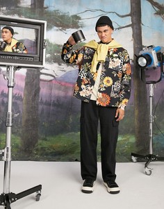Свободная рубашка из саржи в стиле oversized с цветочным и текстовым принтом ASOS DESIGN-Черный цвет