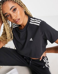 Темно-серая укороченная футболка с тремя полосками adidas Training-Серый