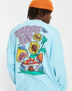Голубой выбеленный лонгслив в стиле oversized с принтом мультфильма на спине ASOS DESIGN