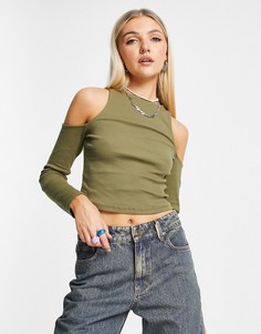 Топ цвета хаки с длинными рукавами и вырезами на плечах ASOS DESIGN-Зеленый цвет