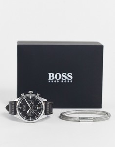 Подарочный набор черного цвета для мужчин в коробке из часов с кожаным ремешком и браслета BOSS-Черный цвет