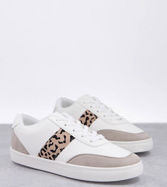 Белые кроссовки на шнуровке с леопардовыми вставками для широкой стопы London Rebel-Разноцветный