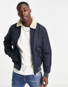 Темно-синяя стеганая куртка авиатор с воротником из искусственного меха Jack & Jones Premium-Темно-синий