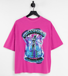 Розовая oversized-футболка из ткани пике с принтом скелета COLLUSION Unisex-Розовый цвет