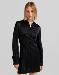 Черное атласное платье-рубашка в корсетном стиле Bershka-Черный цвет