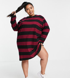 Платье-футболка в стиле oversized с длинными рукавами в черно-бордовую полоску ASOS DESIGN Curve-Красный