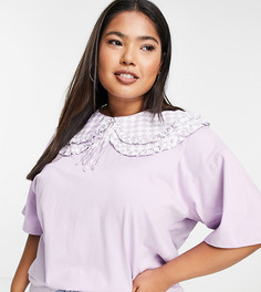 Oversized-футболка с двухслойным воротником в шахматную клетку Neon Rose Plus-Фиолетовый цвет