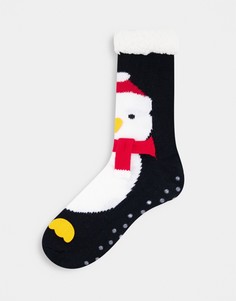 Носки-слиперы с новогодним принтом пингвина в шарфе ASOS DESIGN-Черный цвет