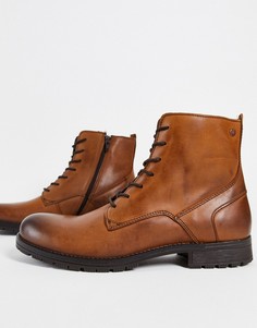 Коричневые кожаные ботинки в стиле милитари на шнуровке Jack & Jones-Коричневый цвет