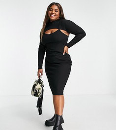 Черное платье миди с дизайном «два в одном» из материала в рубчик с декоративными вырезами New Look Curve-Черный цвет