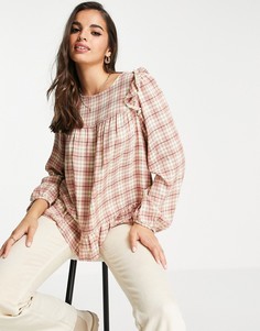 Розовая свободная блузка в клетку с оборками на рукавах New Look-Розовый цвет