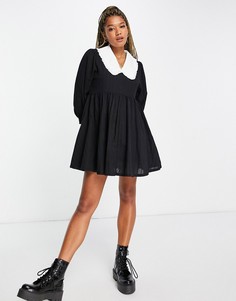 Платье мини с присборенной юбкой, длинными рукавами и контрастным воротником Daisy Street-Черный цвет