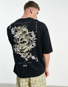 Черная oversized-футболка из смесового органического хлопка с принтом дракона на спинке ASOS DESIGN-Черный цвет