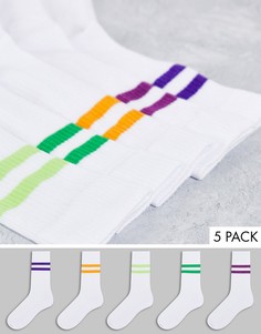 Набор из 5 пар белых спортивных носков с полосками в стиле колор блок ASOS DESIGN-Белый