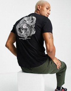 Черная футболка с принтом дракона на спине и асимметричным подолом ASOS DESIGN-Черный цвет