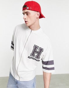 Oversized-футболка со сквозной молнией и нашивкой в университетском стиле ASOS DESIGN-Белый