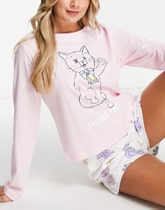 Новогодний пижамный комплект из лонгслива и шорт с принтом кошек розового и белого цвета ASOS DESIGN-Разноцветный