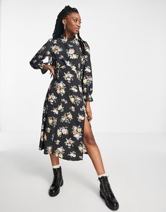 Черное платье миди с оборкой на вороте и мелким цветочным принтом New Look-Черный цвет