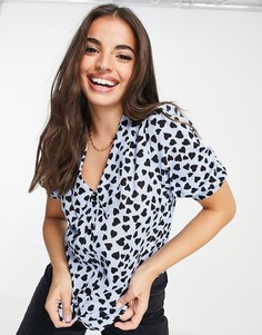 Блузка с пышными рукавами, воротником и принтом сердечек синего цвета Nobodys Child-Голубой