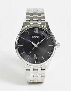 Мужские серебристые часы-браслет с черным циферблатом Boss-Серебряный