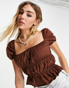 Присборенный свободный топ с оборкой по нижнему краю Bershka-Коричневый цвет