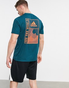 Сине-зеленая футболка с принтом на спине adidas Training Sportforia-Голубой