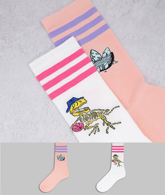 Набор из 2 пар носков с графическим принтом динозавров в белом и розовом цвете adidas Originals-Multi